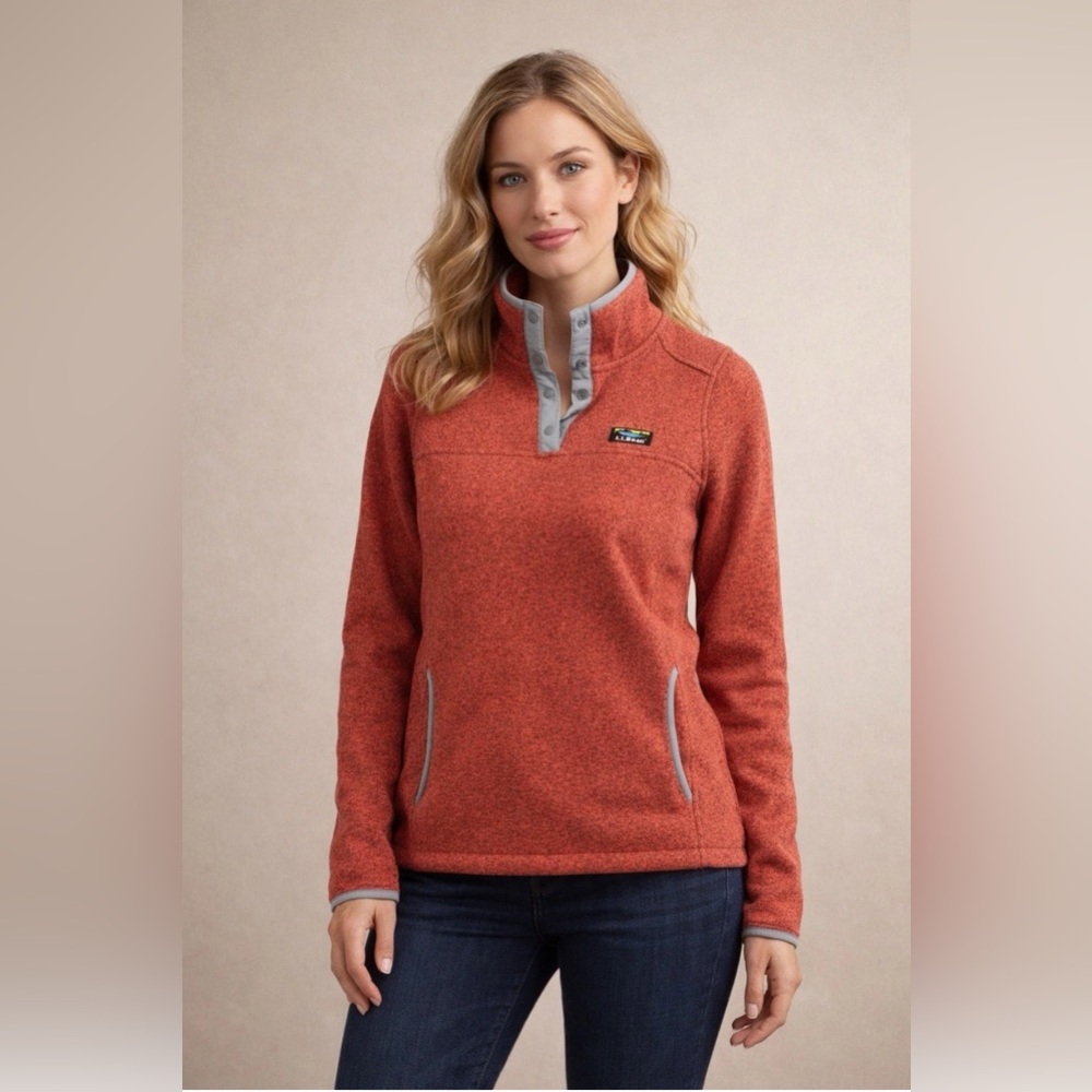 Women L.L. Bean Sweater Fleece Pullover Coral Rust Red Kangaroo Pocket Preppy M